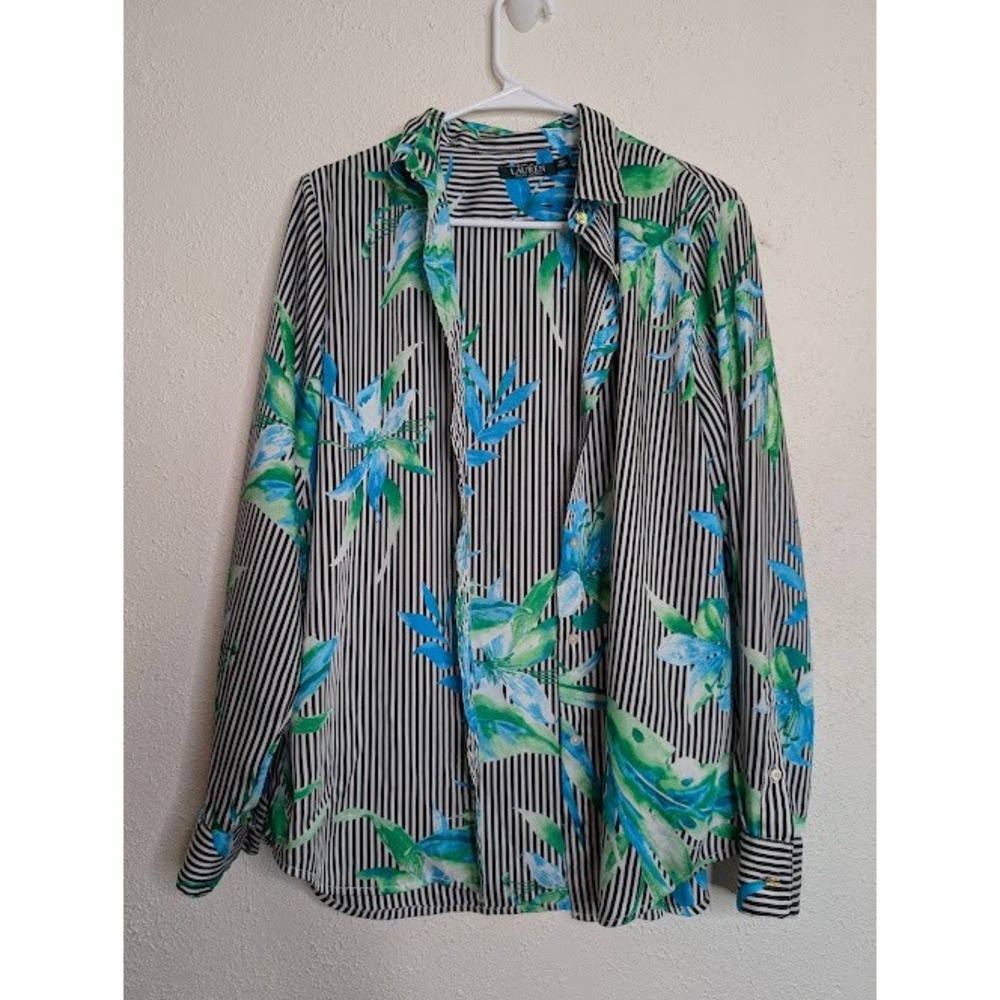 Ralph Lauren Women Floral Striped Button Down Shirt L Black Tropical Career Work